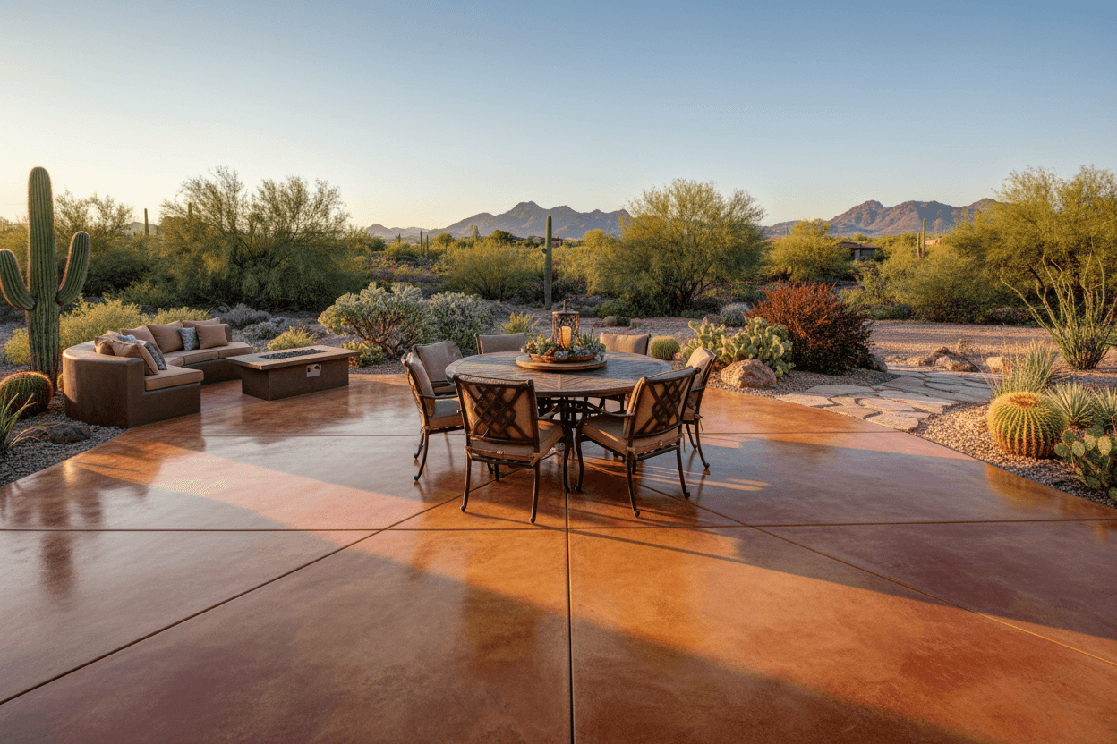 Completed concrete patio with outdoor furniture